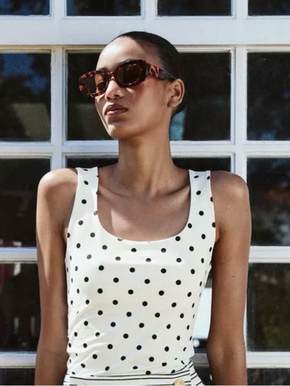 Zara Polka Dot Square-Neck Tank Top - Ecru with Black Dots Size Small